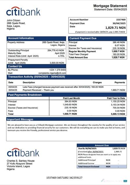 Download Nigeria Citibank mortgage statement Word and PDF template Photoshop template